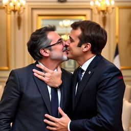 Jean-Luc Mélenchon and Emmanuel Macron engaging in a realistic, tender yet professional greeting on the cheek, conveying mutual respect and diplomacy, set in a formal political meeting environment, surrounded by an elegant conference room backdrop