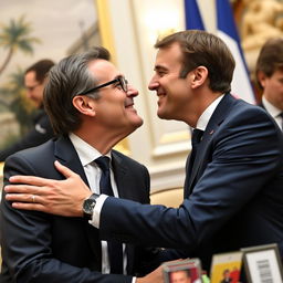 Jean-Luc Mélenchon and Emmanuel Macron engaging in a realistic, tender yet professional greeting on the cheek, conveying mutual respect and diplomacy, set in a formal political meeting environment, surrounded by an elegant conference room backdrop