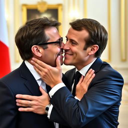 Jean-Luc Mélenchon and Emmanuel Macron engaging in a realistic, tender yet professional greeting on the cheek, conveying mutual respect and diplomacy, set in a formal political meeting environment, surrounded by an elegant conference room backdrop