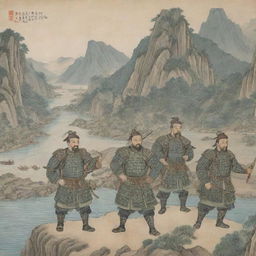 Illustrated version of the poem 'The Soldier' by Confucius showing dedicated soldiers carrying weapons in ancient Chinese armour, set against a scenic backdrop of mountains and rivers.