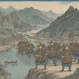 Illustrated version of the poem 'The Soldier' by Confucius showing dedicated soldiers carrying weapons in ancient Chinese armour, set against a scenic backdrop of mountains and rivers.