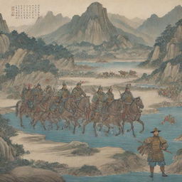 Illustrated version of the poem 'The Soldier' by Confucius showing dedicated soldiers carrying weapons in ancient Chinese armour, set against a scenic backdrop of mountains and rivers.