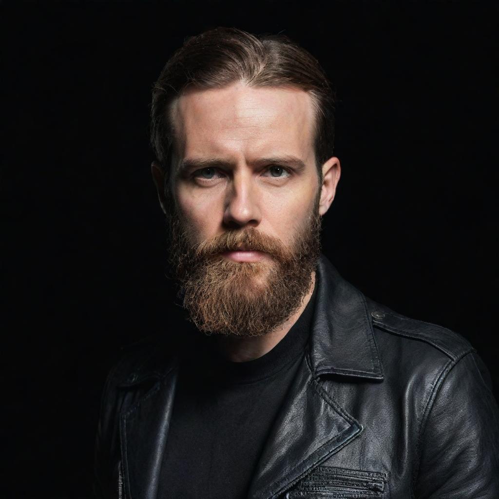 A bearded European man wearing a leather jacket, set against a sleek black background.