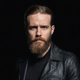 A bearded European man wearing a leather jacket, set against a sleek black background.