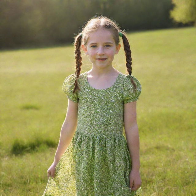 A young girl wearing a vibrant dress, her hair tied up in pigtails, standing in a warm sunlight, with a backdrop of a lush green spring meadow.