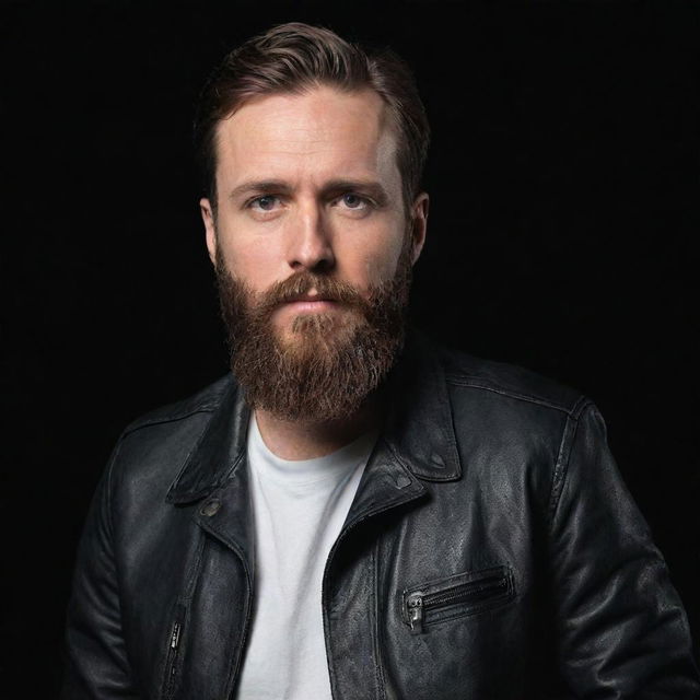 A bearded European man wearing a leather jacket, set against a sleek black background.