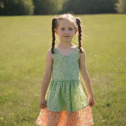 A young girl wearing a vibrant dress, her hair tied up in pigtails, standing in a warm sunlight, with a backdrop of a lush green spring meadow.