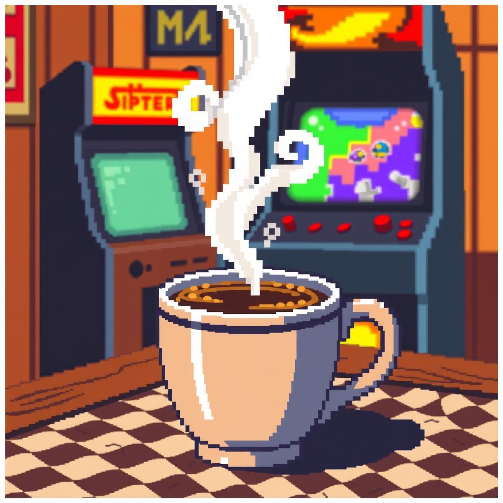 A steaming cup of pixelated coffee with a retro 8-bit art style