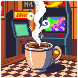 A steaming cup of pixelated coffee with a retro 8-bit art style