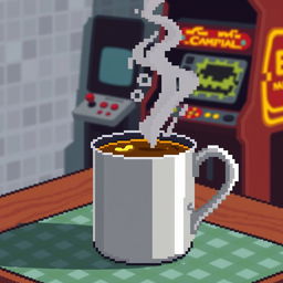 A steaming cup of pixelated coffee with a retro 8-bit art style