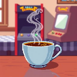 A steaming cup of pixelated coffee with a retro 8-bit art style