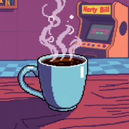 A steaming cup of pixelated coffee with a retro 8-bit art style