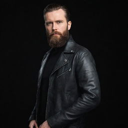 A bearded European man wearing a leather jacket, set against a sleek black background.