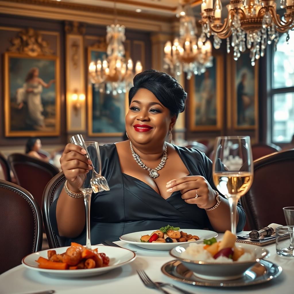 A chubby, wealthy woman dining elegantly in a luxurious setting