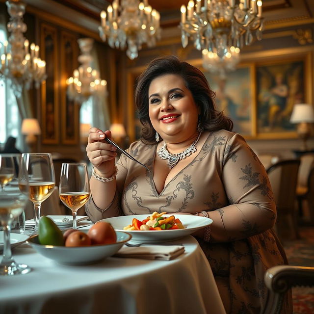 A chubby, wealthy woman dining elegantly in a luxurious setting