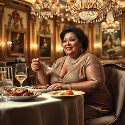 A chubby, wealthy woman dining elegantly in a luxurious setting