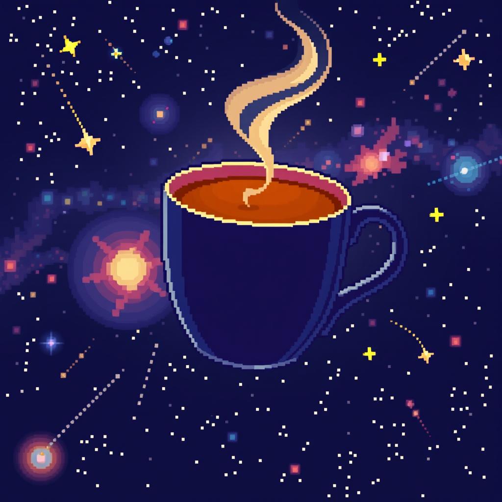 A cup of steaming coffee floating in outer space, with pixel art style depiction of distant stars and galaxies