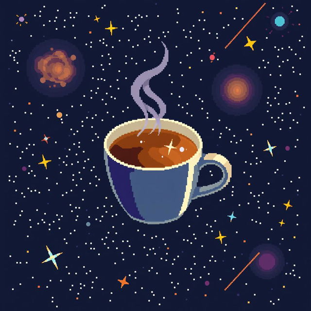 A cup of steaming coffee floating in outer space, with pixel art style depiction of distant stars and galaxies