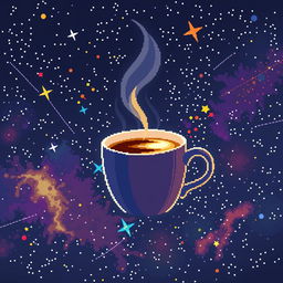 A cup of steaming coffee floating in outer space, with pixel art style depiction of distant stars and galaxies