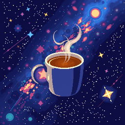 A cup of steaming coffee floating in outer space, with pixel art style depiction of distant stars and galaxies