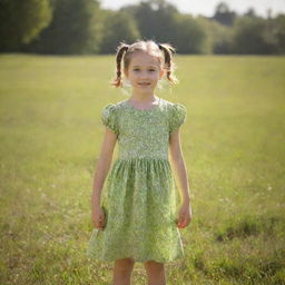 A young girl wearing a vibrant dress, her hair tied up in pigtails, standing in a warm sunlight, with a backdrop of a lush green spring meadow.