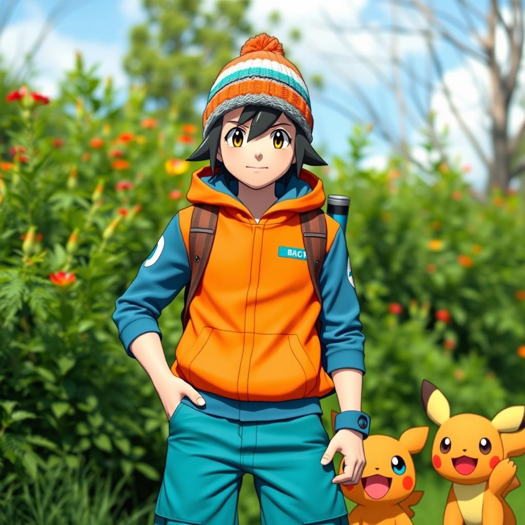 a Pokemon trainer wearing an orange and blue outfit with a woolen beanie, standing confidently in a vibrant outdoor setting, surrounded by lush greenery and a few Pokemon companions at their side, radiating an adventurous and energetic vibe