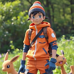 a Pokemon trainer wearing an orange and blue outfit with a woolen beanie, standing confidently in a vibrant outdoor setting, surrounded by lush greenery and a few Pokemon companions at their side, radiating an adventurous and energetic vibe