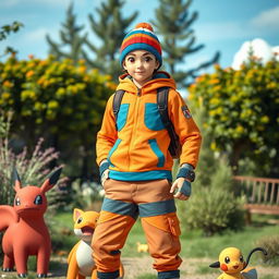 a Pokemon trainer wearing an orange and blue outfit with a woolen beanie, standing confidently in a vibrant outdoor setting, surrounded by lush greenery and a few Pokemon companions at their side, radiating an adventurous and energetic vibe