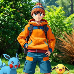 a Pokemon trainer wearing an orange and blue outfit with a woolen beanie, standing confidently in a vibrant outdoor setting, surrounded by lush greenery and a few Pokemon companions at their side, radiating an adventurous and energetic vibe