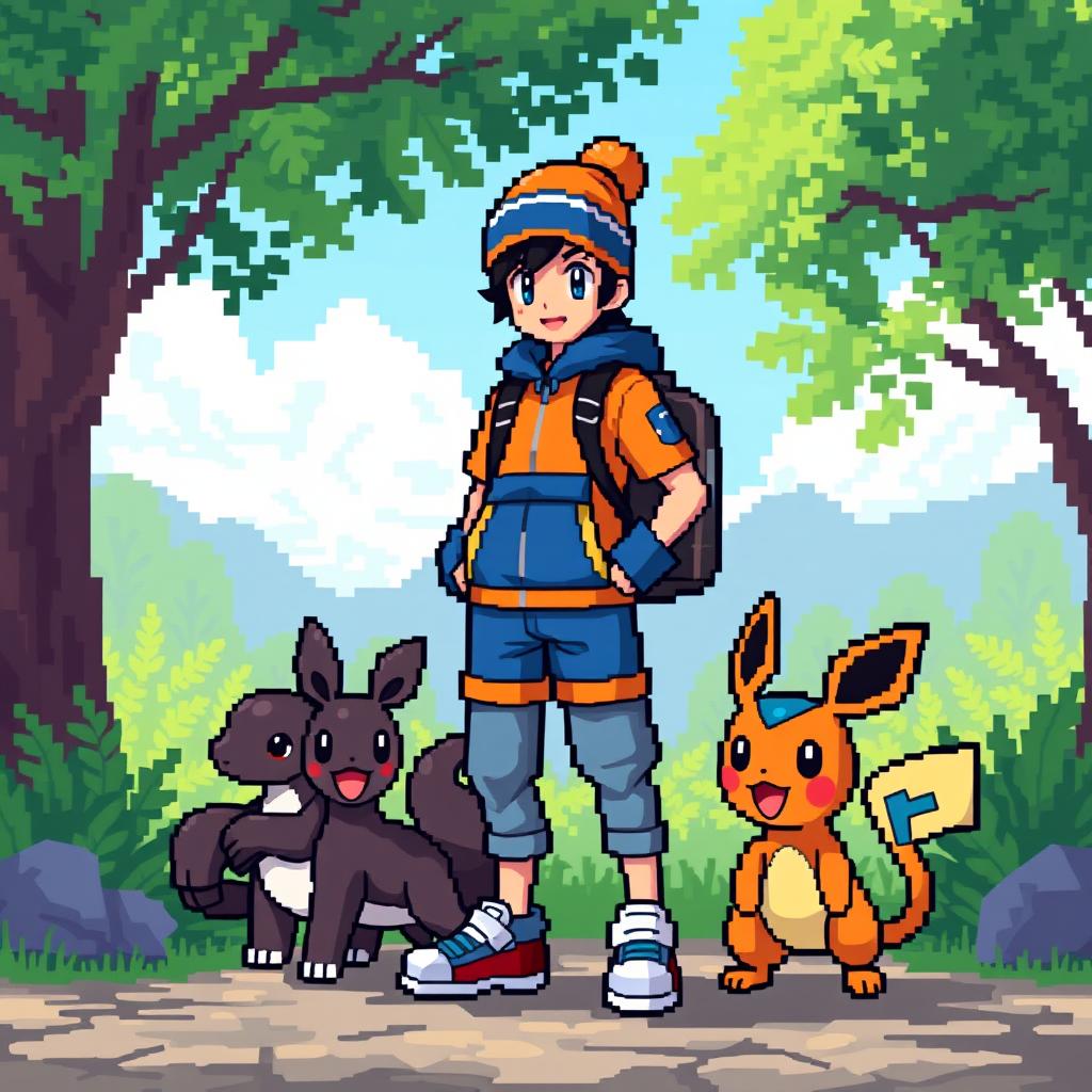 a pixel art depiction of a Pokemon trainer wearing an orange and blue outfit with a woolen beanie, standing confidently in a vibrant outdoor setting, surrounded by lush greenery and a few pixelated Pokemon companions at their side, exuding an adventurous and energetic vibe