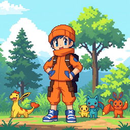 a pixel art depiction of a Pokemon trainer wearing an orange and blue outfit with a woolen beanie, standing confidently in a vibrant outdoor setting, surrounded by lush greenery and a few pixelated Pokemon companions at their side, exuding an adventurous and energetic vibe