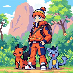 a pixel art depiction of a Pokemon trainer wearing an orange and blue outfit with a woolen beanie, standing confidently in a vibrant outdoor setting, surrounded by lush greenery and a few pixelated Pokemon companions at their side, exuding an adventurous and energetic vibe