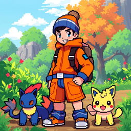 a pixel art depiction of a Pokemon trainer wearing an orange and blue outfit with a woolen beanie, standing confidently in a vibrant outdoor setting, surrounded by lush greenery and a few pixelated Pokemon companions at their side, exuding an adventurous and energetic vibe