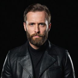 A bearded European man wearing a leather jacket, set against a sleek black background.