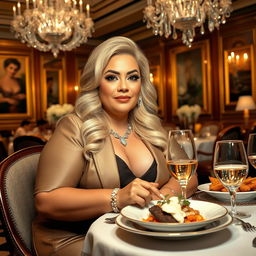 A chubby, wealthy blonde woman elegantly dining in a luxurious setting