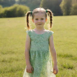 A young girl wearing a vibrant dress, her hair tied up in pigtails, standing in a warm sunlight, with a backdrop of a lush green spring meadow.