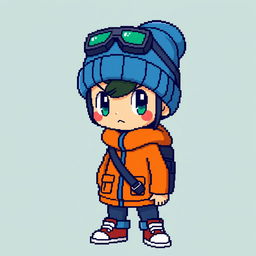 A pixel art depiction of a Pokémon trainer wearing a distinctive orange and blue outfit