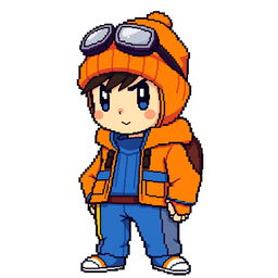 A pixel art depiction of a Pokémon trainer wearing a distinctive orange and blue outfit