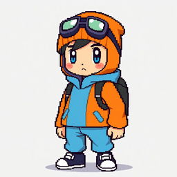 A pixel art depiction of a Pokémon trainer wearing a distinctive orange and blue outfit