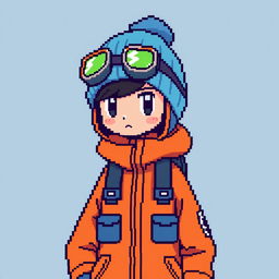 A pixel art depiction of a Pokémon trainer wearing a distinctive orange and blue outfit