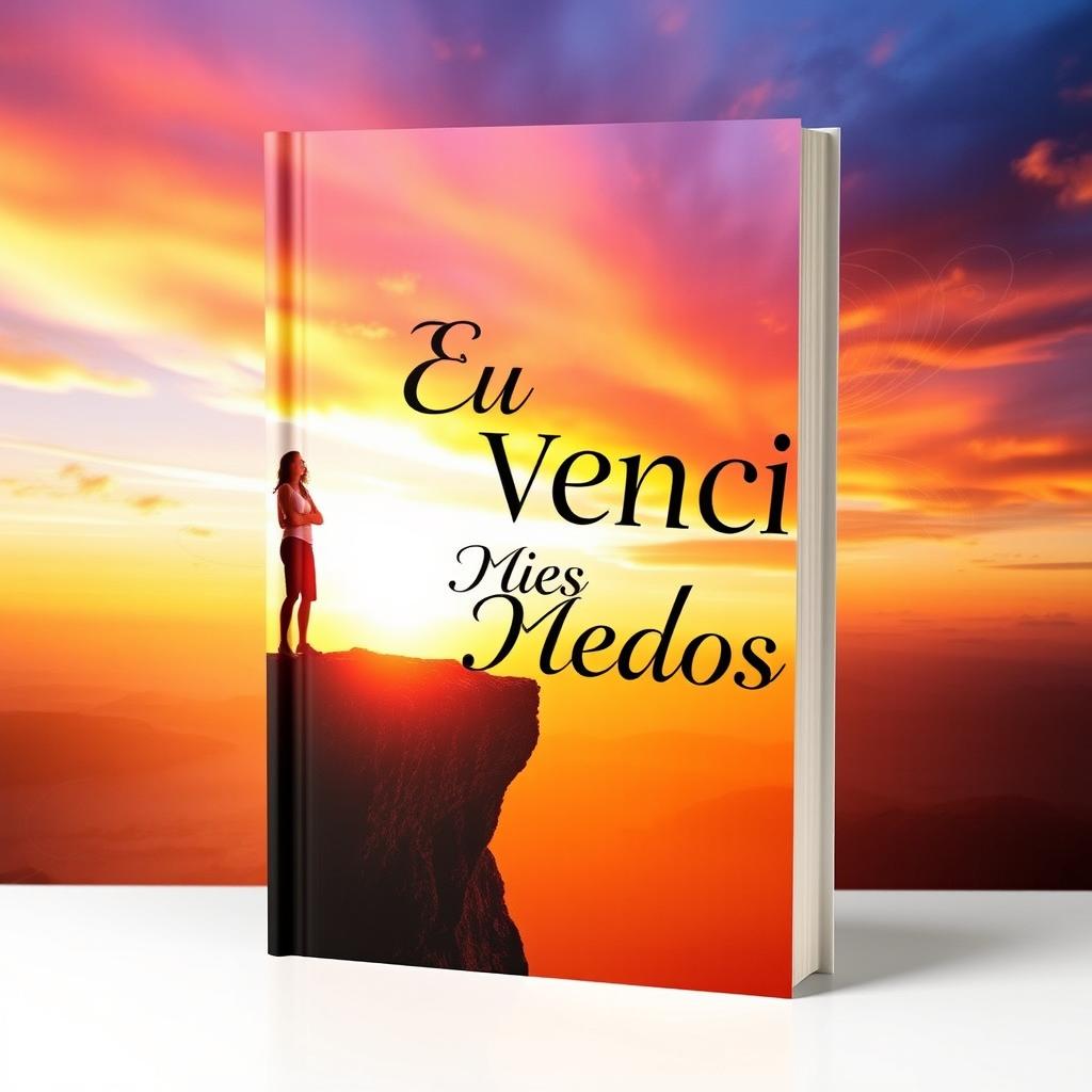 A triumphant book cover titled "Eu Venci Meus Medos" featuring a powerful image of a person standing confidently at the edge of a cliff, overlooking a vast, open landscape