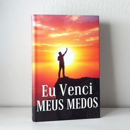 A triumphant book cover titled "Eu Venci Meus Medos" featuring a powerful image of a person standing confidently at the edge of a cliff, overlooking a vast, open landscape