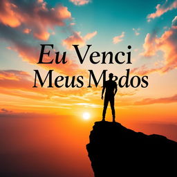 A triumphant book cover titled "Eu Venci Meus Medos" featuring a powerful image of a person standing confidently at the edge of a cliff, overlooking a vast, open landscape