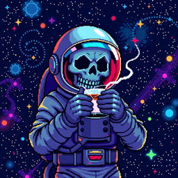 A pixel art illustration of an astronaut with a skull face drinking a cup of coffee in space