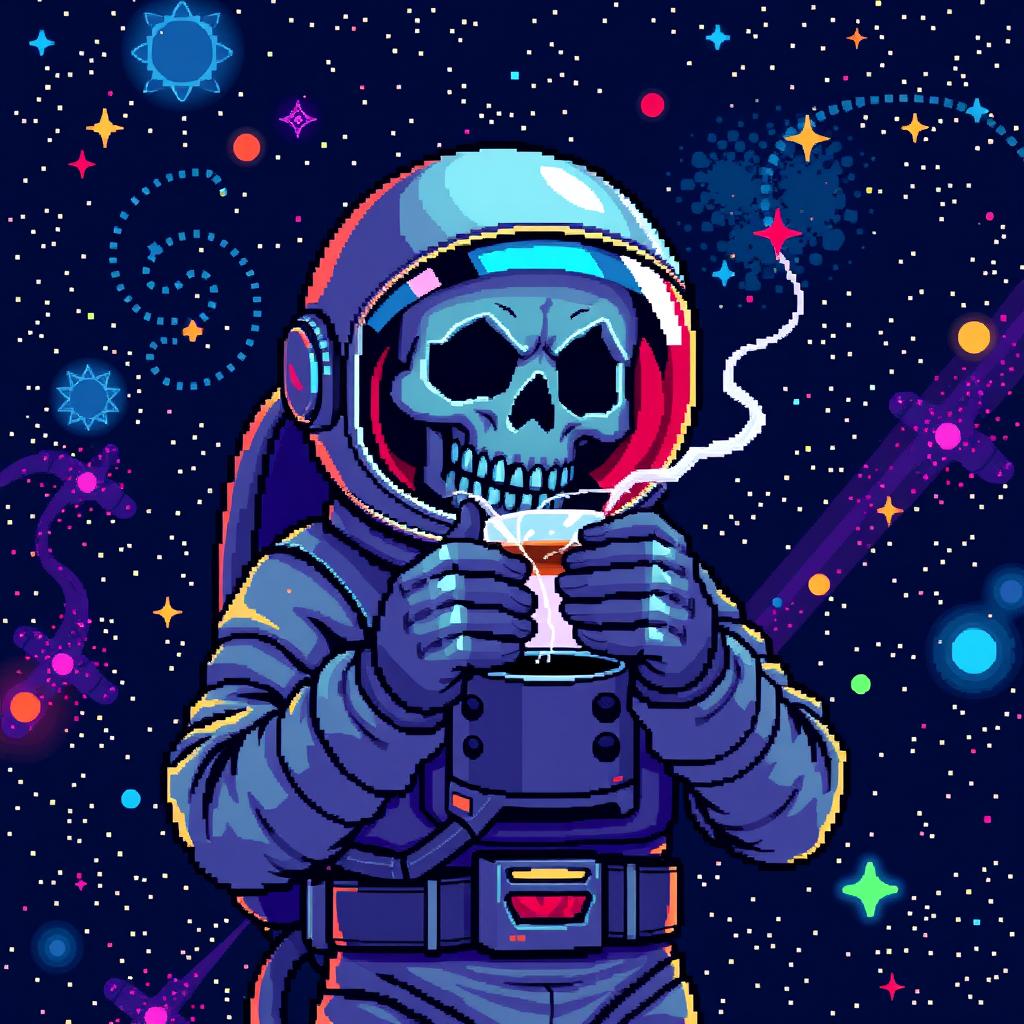 A pixel art illustration of an astronaut with a skull face drinking a cup of coffee in space
