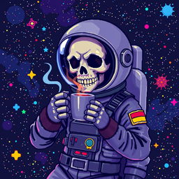 A pixel art illustration of an astronaut with a skull face drinking a cup of coffee in space