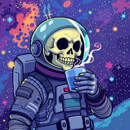 A pixel art illustration of an astronaut with a skull face drinking a cup of coffee in space