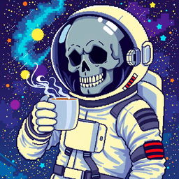 A pixel art illustration of an astronaut with a skull face drinking a cup of coffee in space