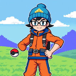 a Pokémon trainer with glasses, wearing a blue wool hat and an orange and blue outfit, in a retro 32-bit style