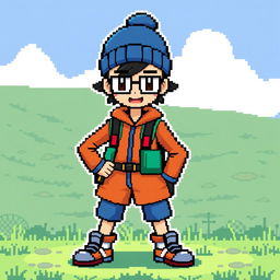 a Pokémon trainer with glasses, wearing a blue wool hat and an orange and blue outfit, in a retro 32-bit style